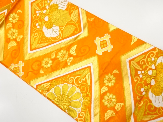 JAPANESE KIMONO / ANTIQUE FUKURO OBI / SILK / WOVEN KIKU